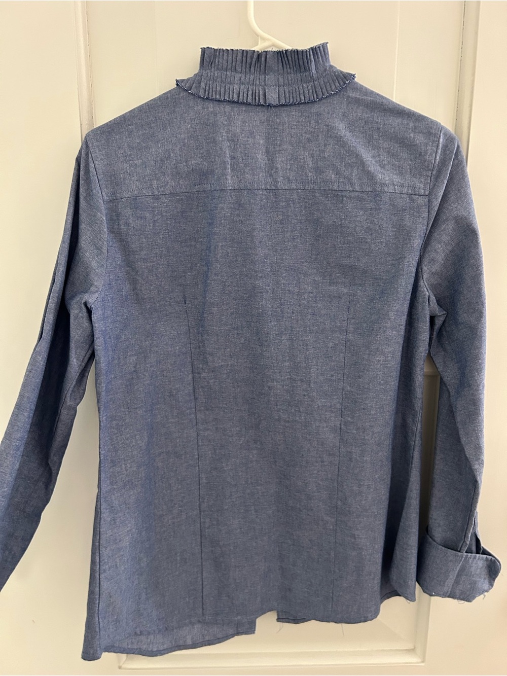 Blue Chambray Ruffled Collar Button-Front Blouse - Picture 5 of 7